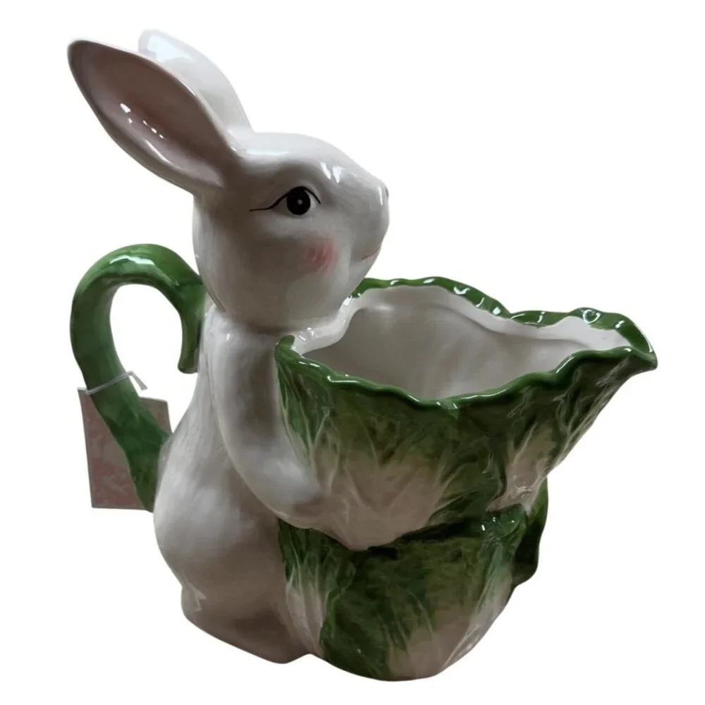 Hopper's Lane Easter Bunny Rabbit Cabbage Leaf Ceramic Pitcher White Green NEW